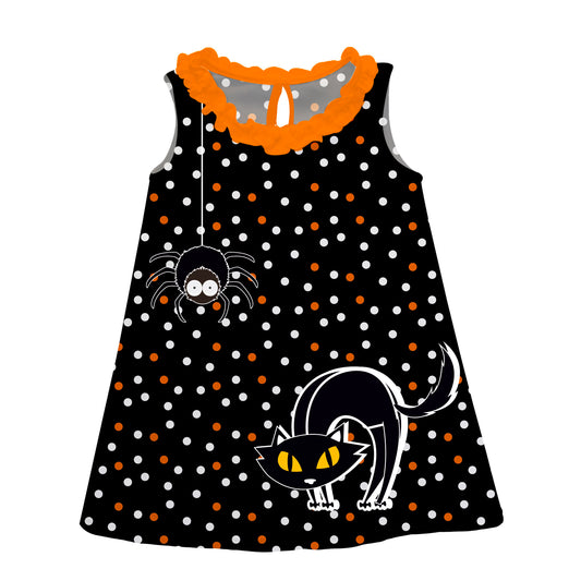 Cat and Spider Polka Dots Black A Line Dress