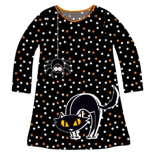 Cat and Spider Black Polka Dots Long Sleeve A Line Dress