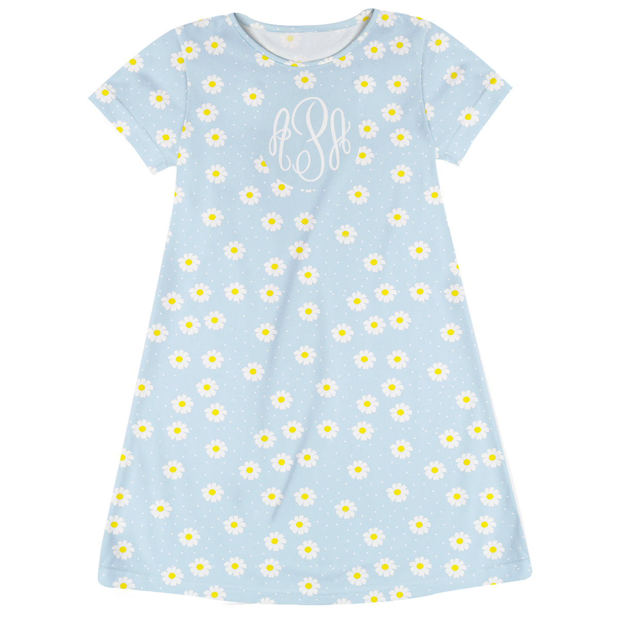 Flowers Print Personalized Monogram Light Blue Short Sleeve A Line Dress