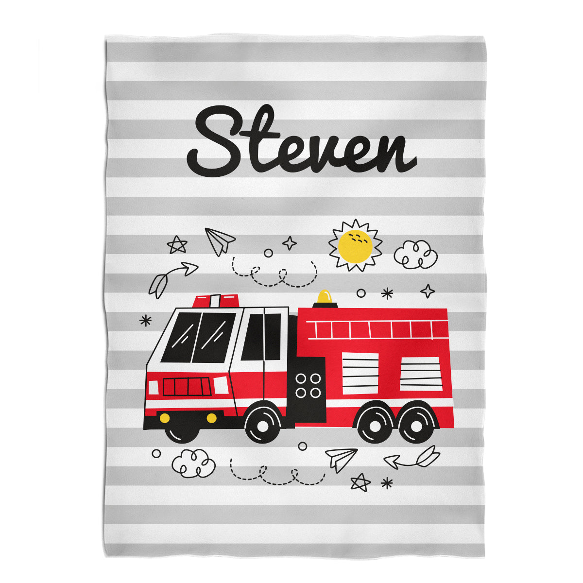 Firetruck Personalized Name Gray and White Stripes Plush Minky Throw 38 x 47""