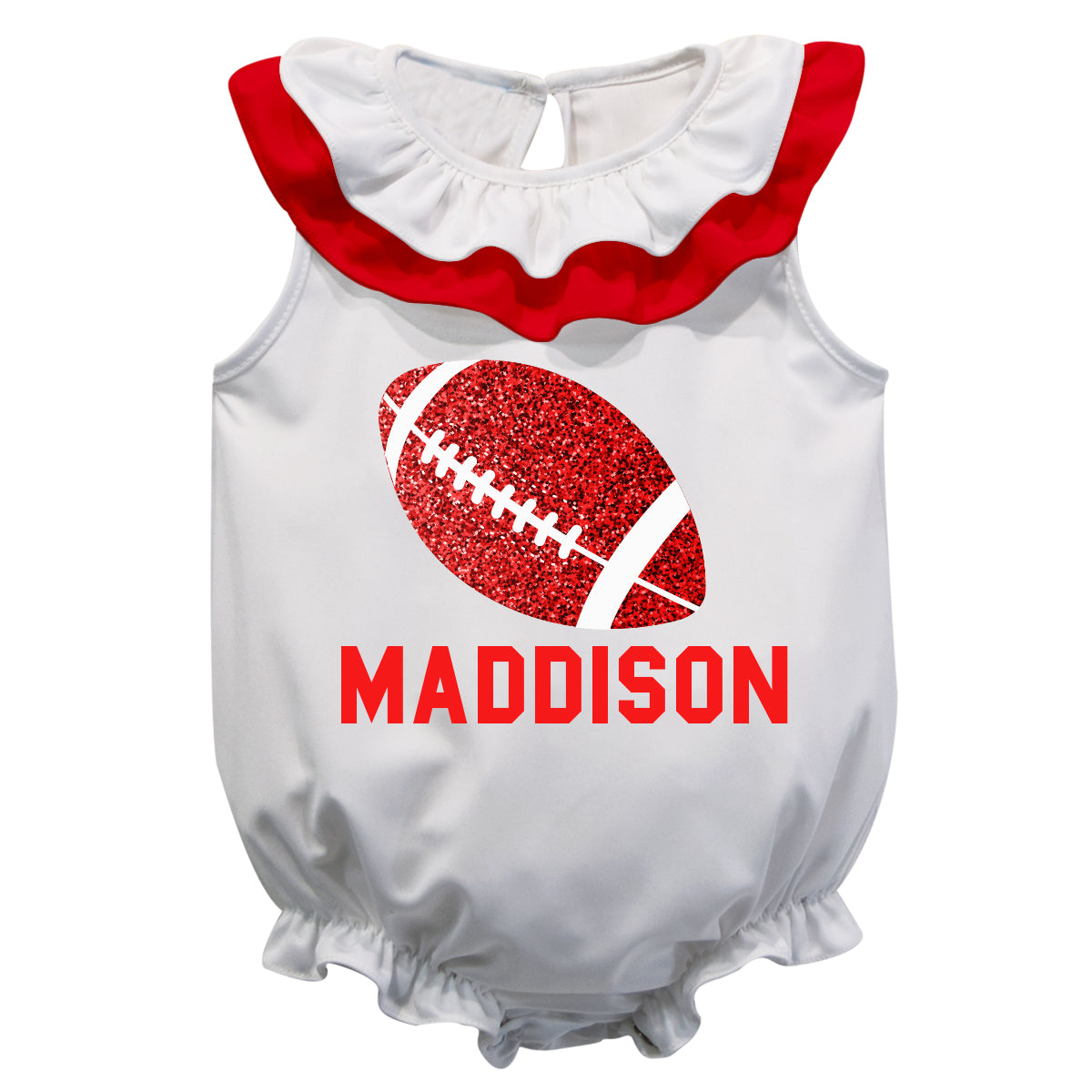 Football Ball Name White and Red Sleeveless Girls Onesie