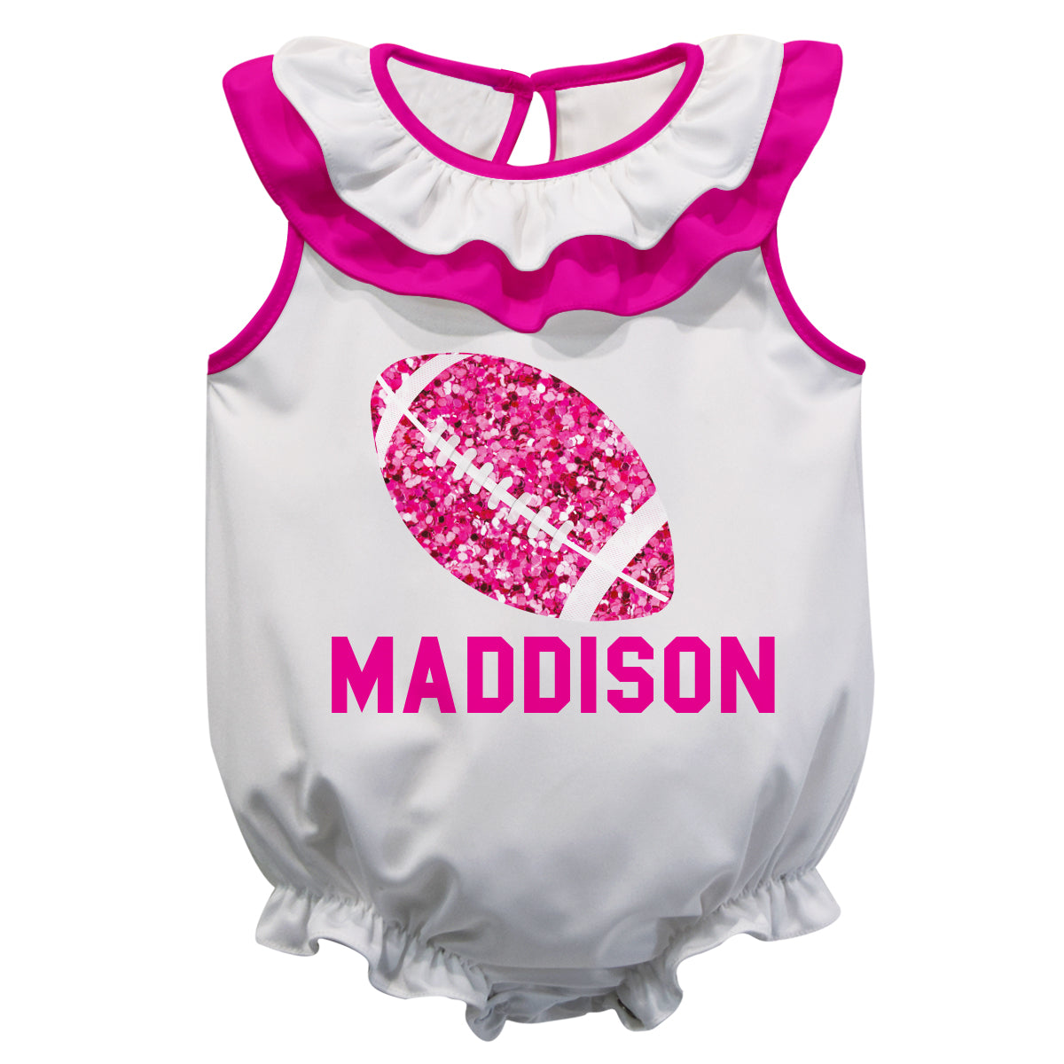 Football Ball Name White and Pink Sleeveless Girls Onesie