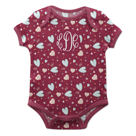 Hearts Print Monogram Red Short Sleeve Onesie