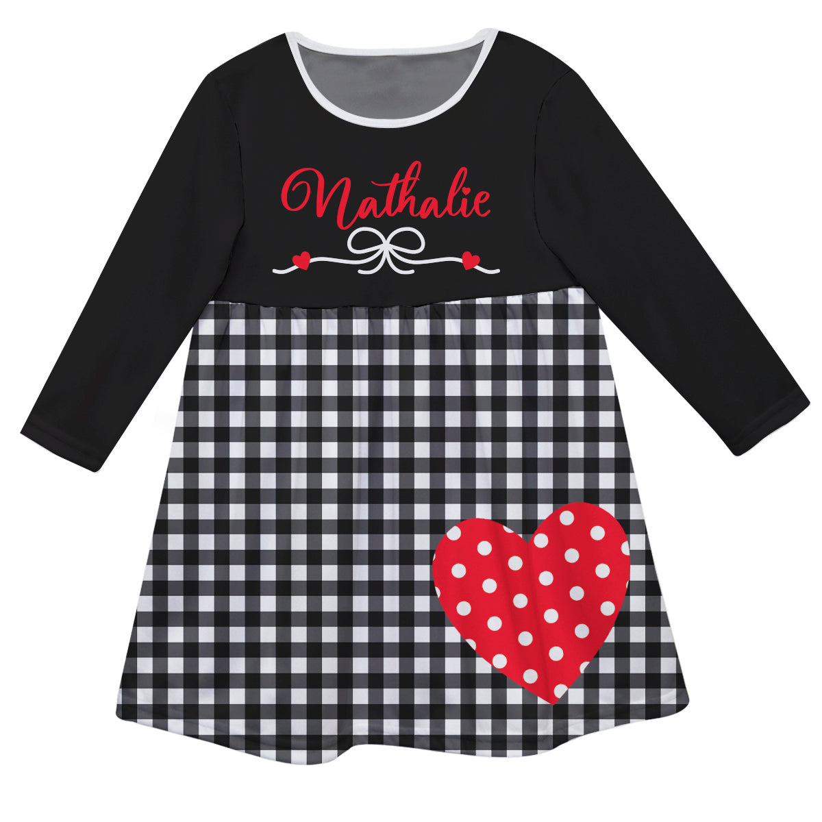 Heart Personalized Name Black and White Check Long Sleeve Epic Dress