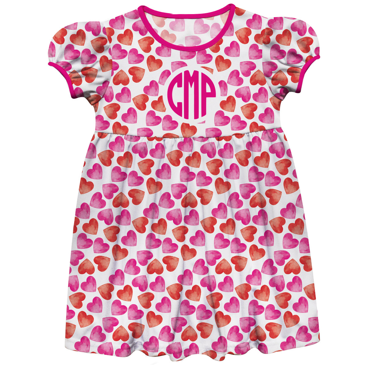 Hearts Print Personalized Monogram White and  Hot Pink Short Sleeve Epic Dress