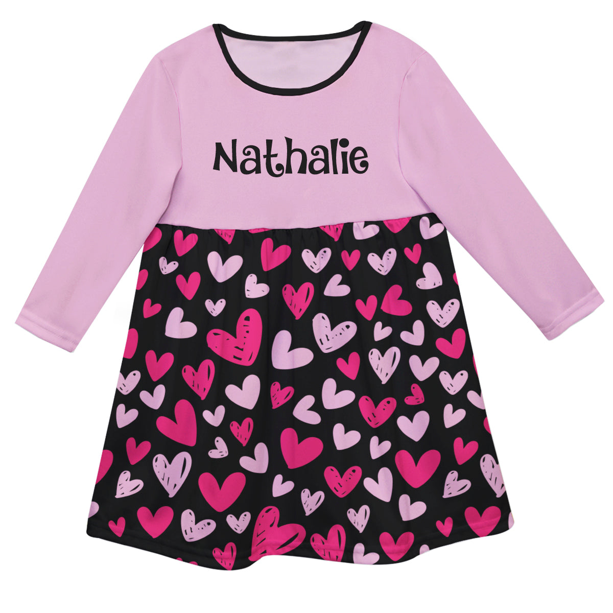 Hearts Print Personalized Name Black and Pink Long Sleeve Epic Dress