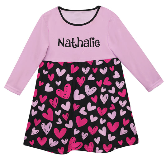 Hearts Print Personalized Name Black and Pink Long Sleeve Epic Dress