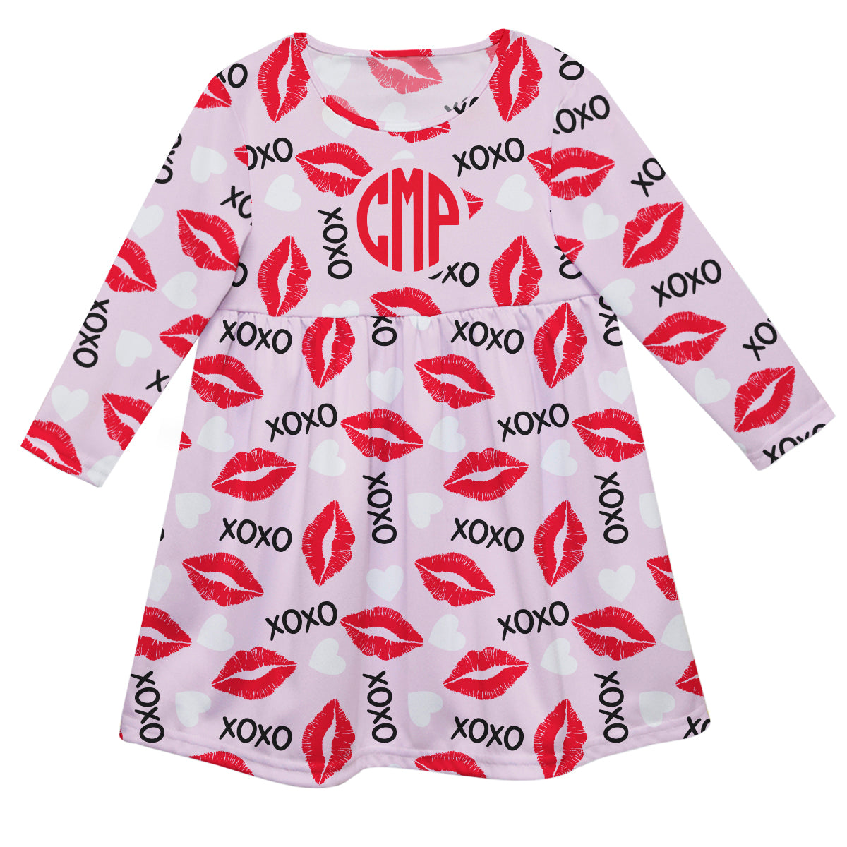 XOXO Lips Print Personalized Monogram Pink Long Sleeve Epic Dress