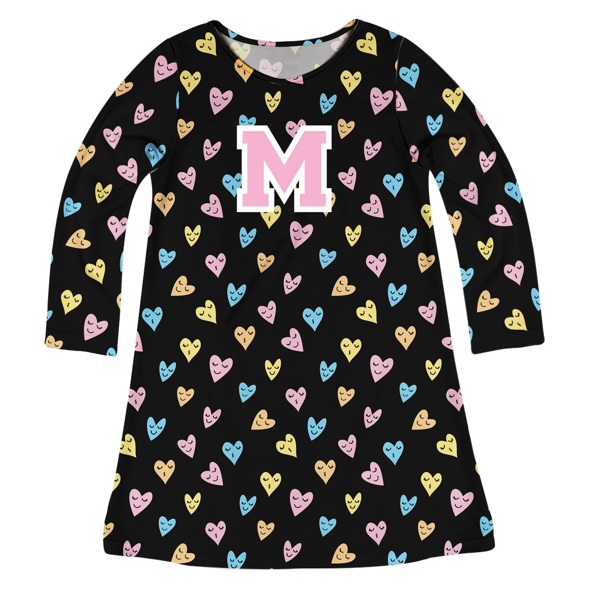 Hearts Print Initial Name Black Long Sleeve A Line Dress