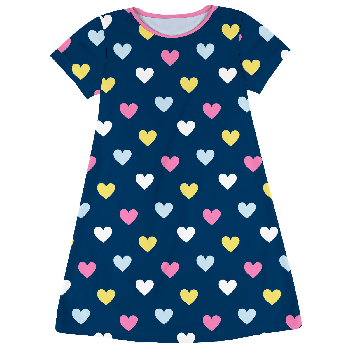 Hearts Print Navy Short Sleeve A Line Dress