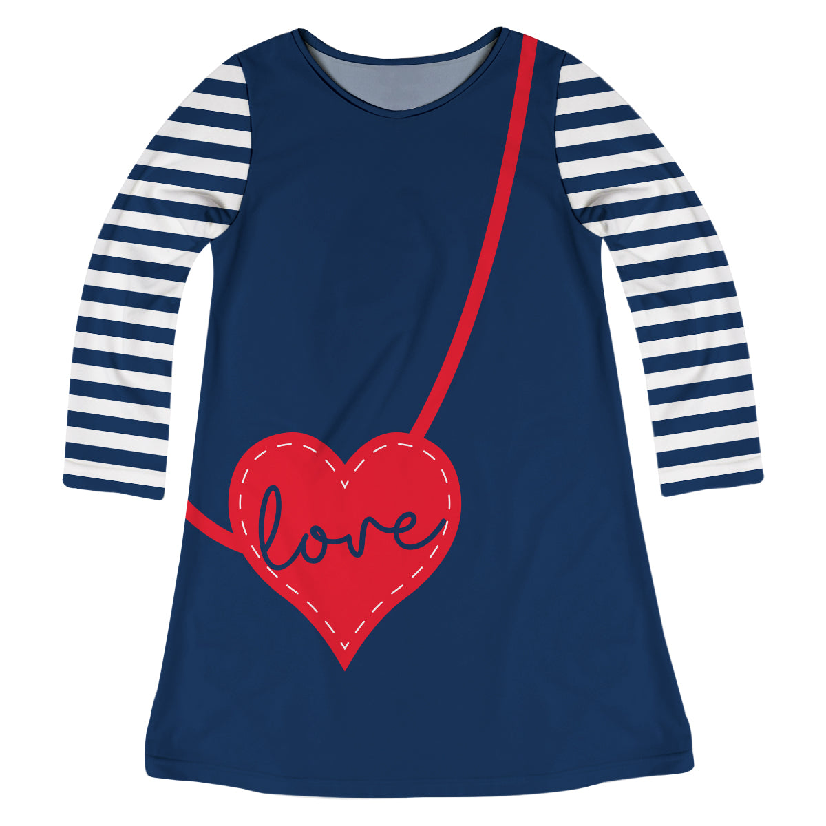 Love Heart Navy and White Stripes Long Sleeve A Line Dress