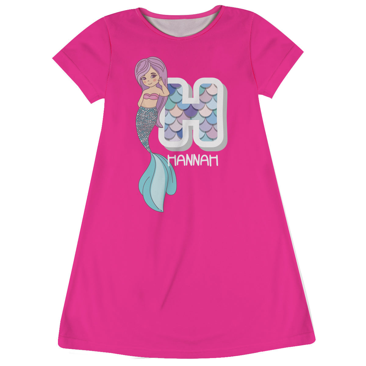 Mermaid Personalized Initial and Name Hot Pink Short Sleeve A Line Dress - Wimziy&Co.