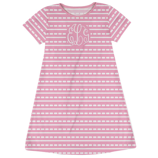 Monogram Pink Stripes Short Sleeve A Line Dress