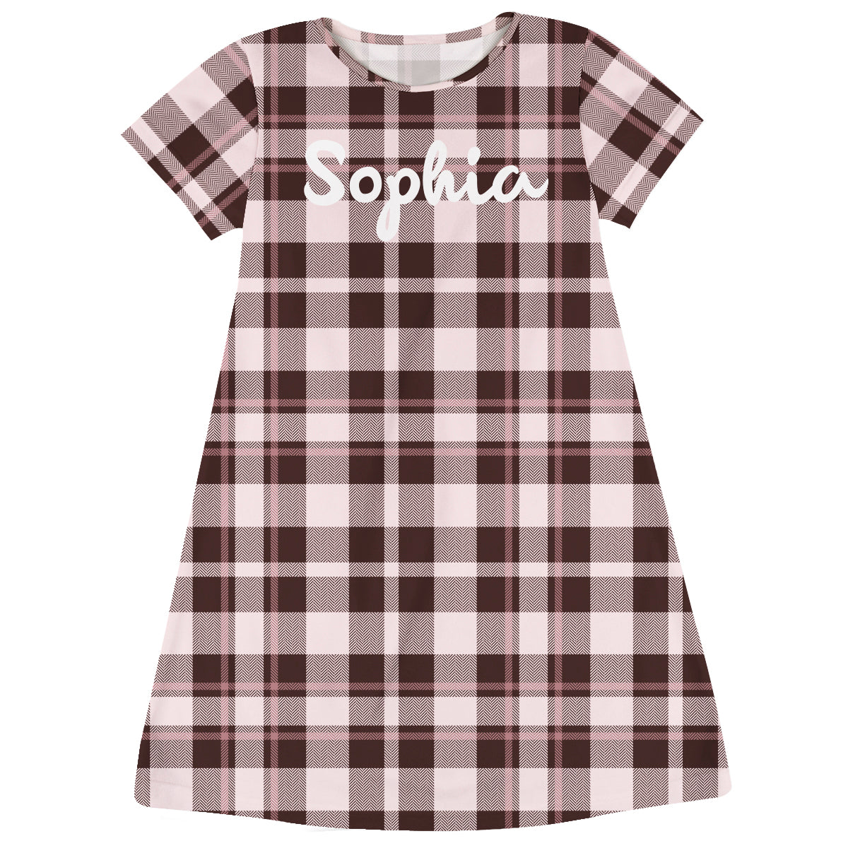 Personalized Name Checkers Brown and Pink Short Sleeve a Line Dress