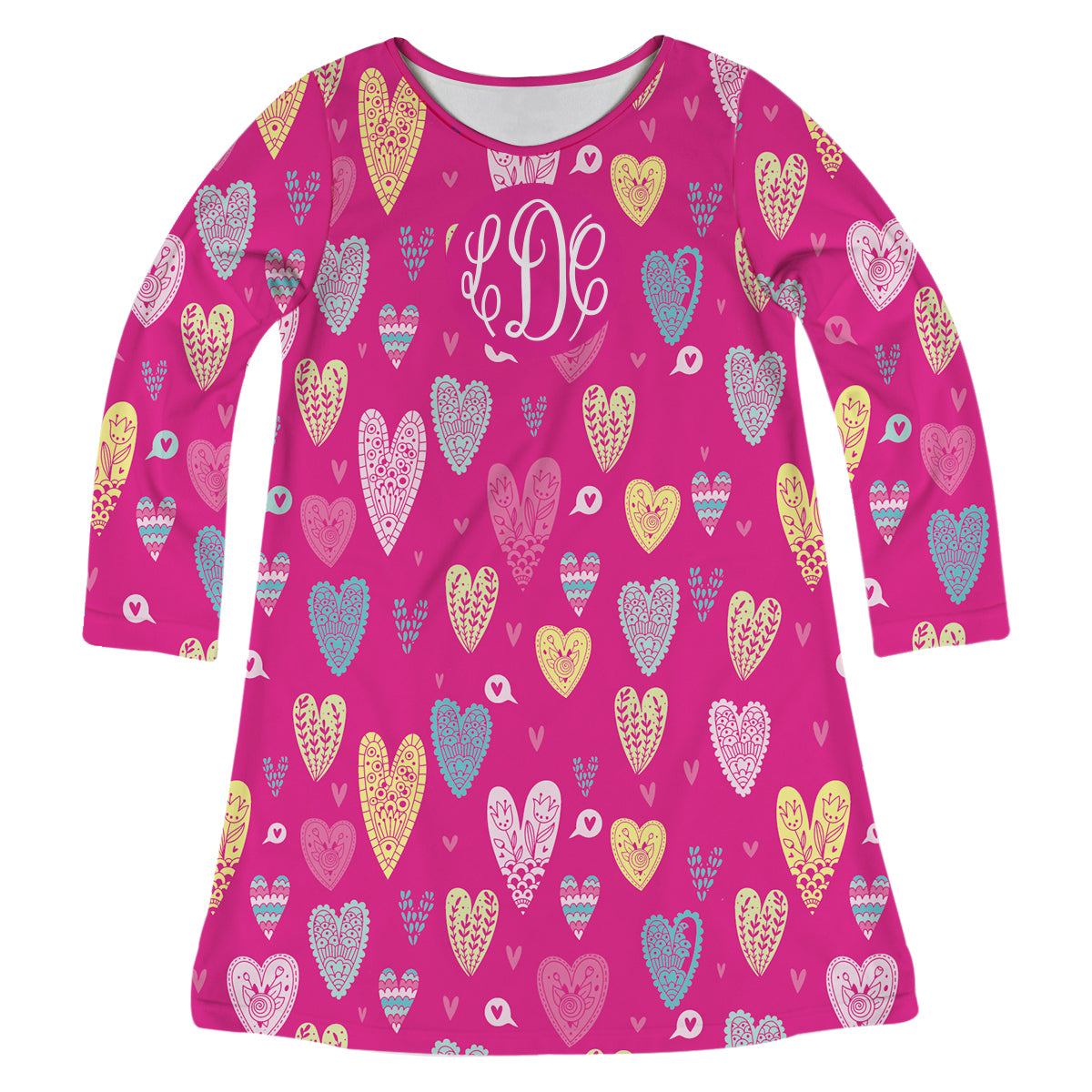 Hearts Print Monogram Hot Pink Long Sleeve A Line Dress