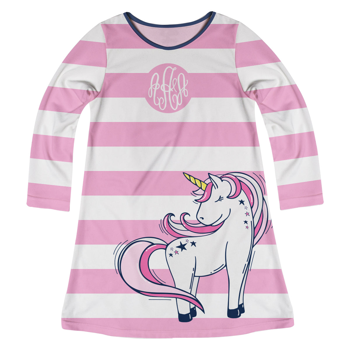 Unicorn Monogram White and Pink Stripes Long Sleeve A Line Dress