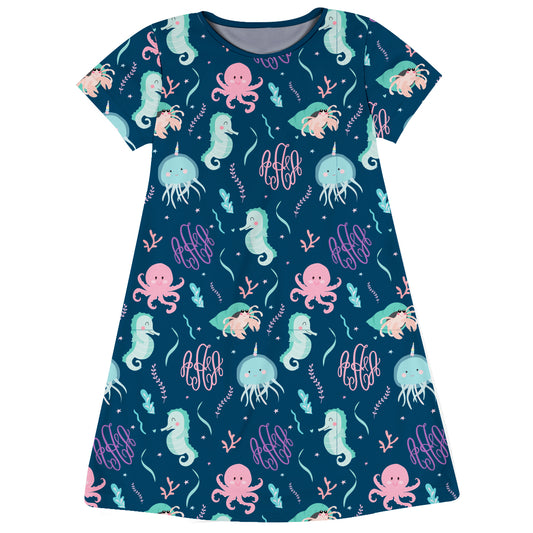 Under The Sea and Personalized Monogram Navy Short Sleeve A Line Dress