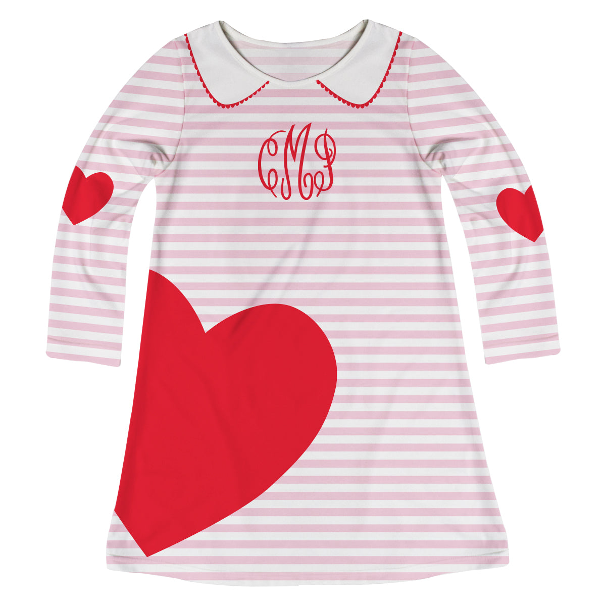 Valentines Heart Personalized Monogram White and Pink Stripes Long Sleeve A Line Dress