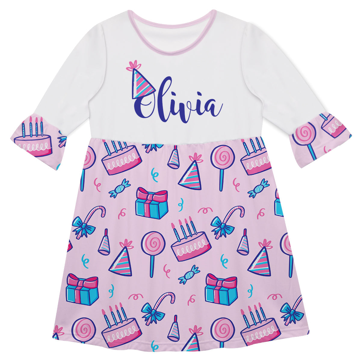 Birthday Party Name White and Pink Amy Dress 3/4 Sleeve