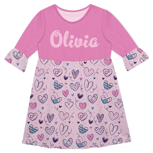 Hearts Print Name Pink Amy Dress 3/4 Sleeve