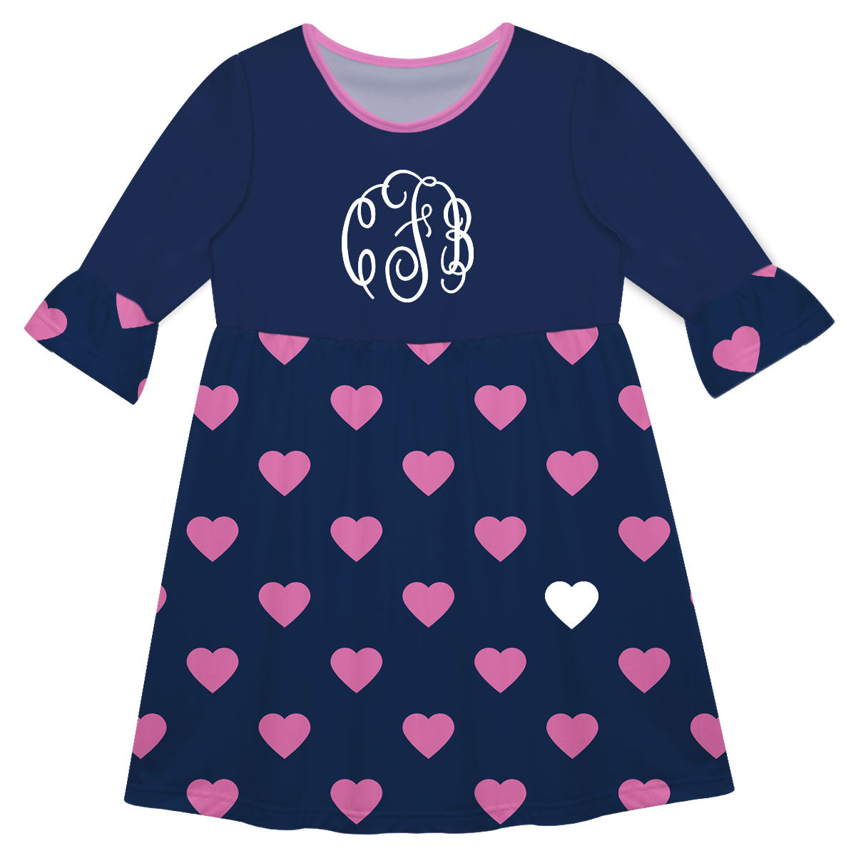 Hearts Print Navy Amy Dress 3/4 Sleeve