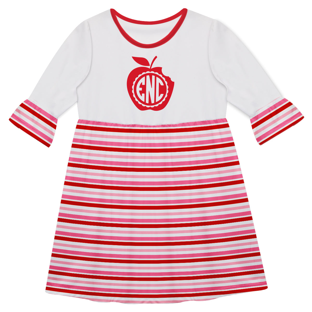 Stripe Apple Monogram Red And Pink  Amy Dress ¾ Sleeve