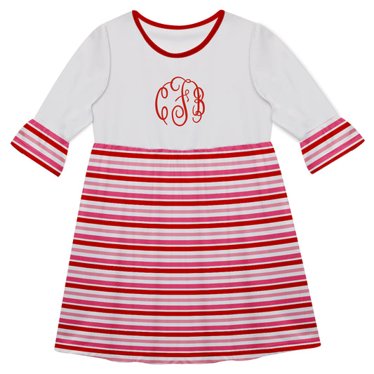 Stripes Monogram Red and  White Amy Dress Three Quarter Sleeve