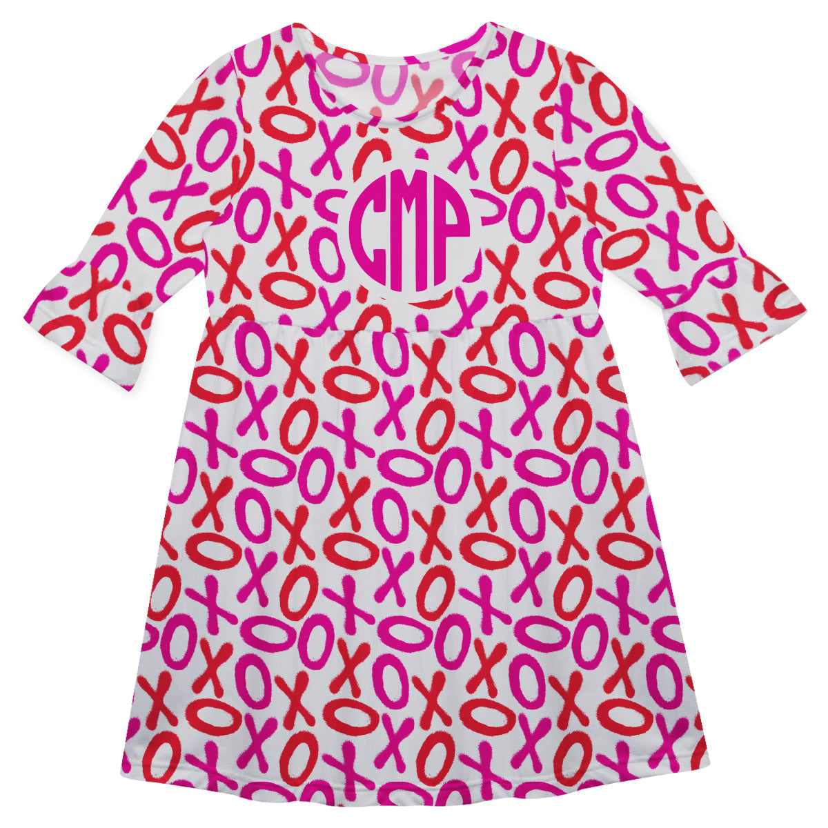 XOXO Print Personalized Monogram White and Hot Pink Amy Dress 3/4 Sleeve