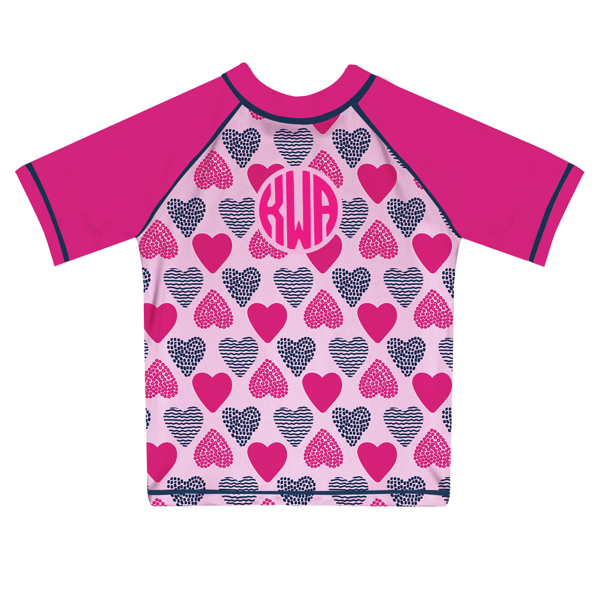 Heart Print Personalized Monogram Pink Short Sleeve Rash Guard