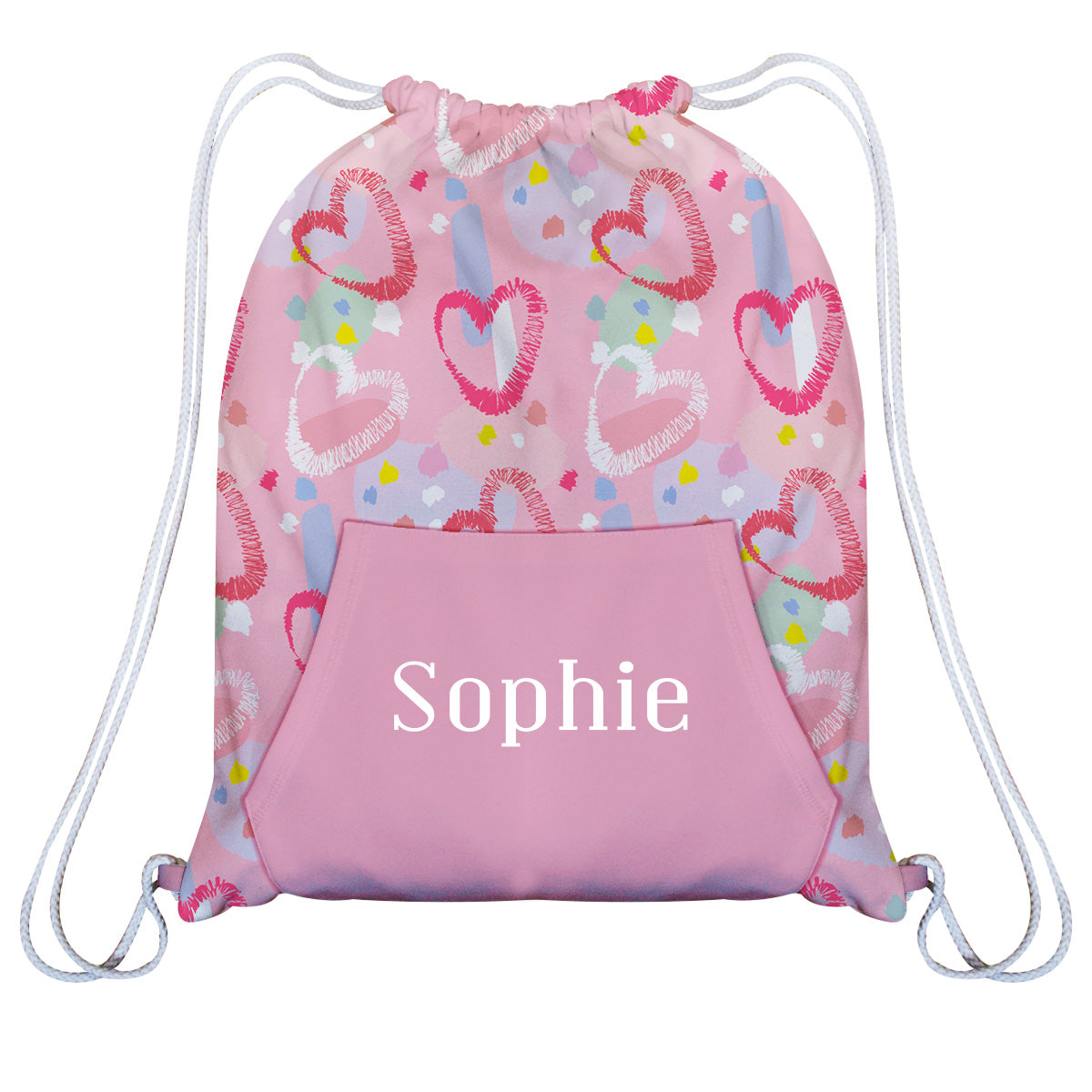 Hearts Print Personalized Name Light Pink Fleece Gym Bag With Kangaroo Pocket 14 X 19""