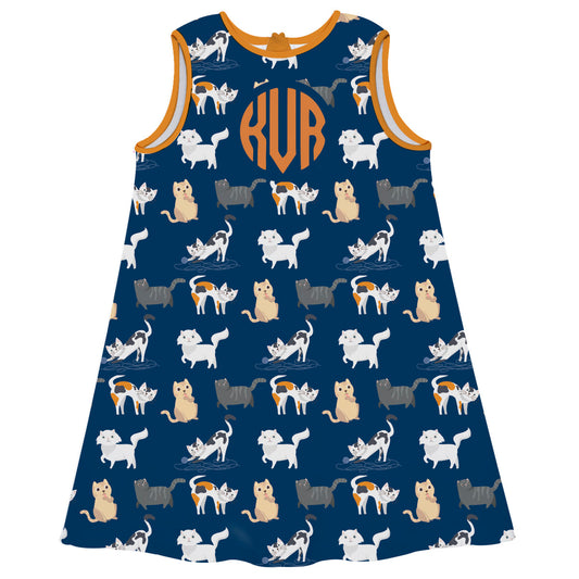 Cats Print Personalized Monogram Navy A Line Dress