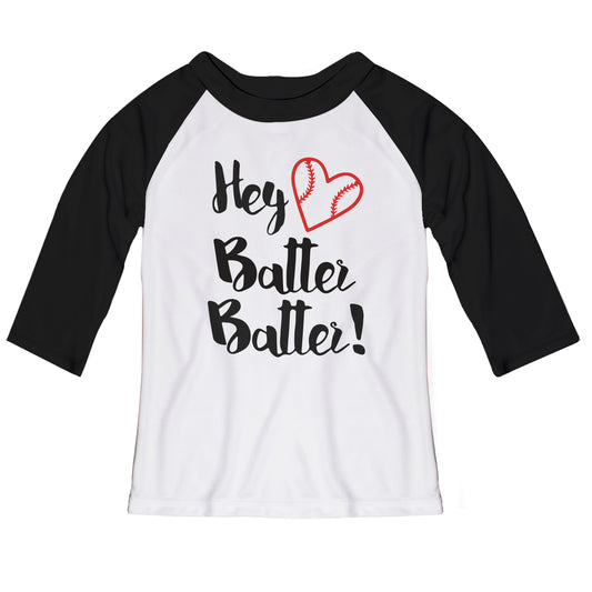 Hey Batter Batter White and Black Raglan Tee Shirt 3/4 Sleeve