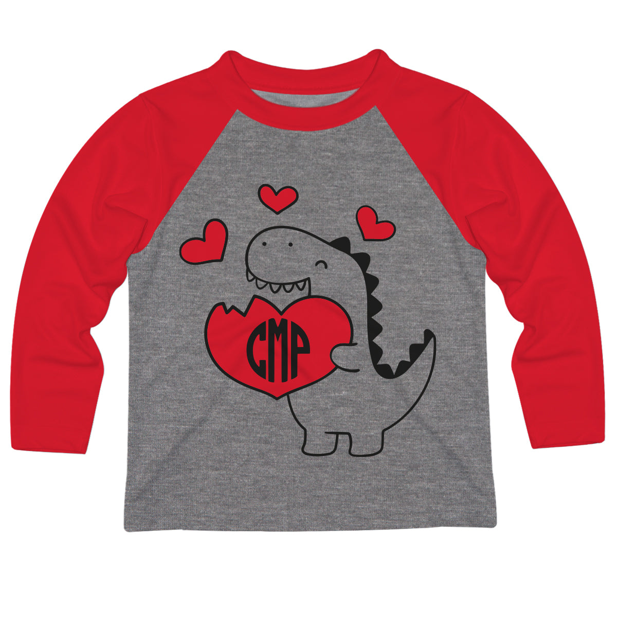 Dinosaur Personalized Monogram Gray and Red Raglan Long Sleeve Tee Shirt