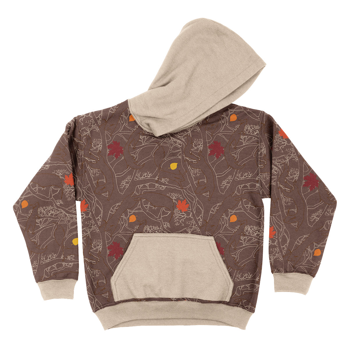 Fall Print Brown and Beige Fleece Long Sleeve Hoodie