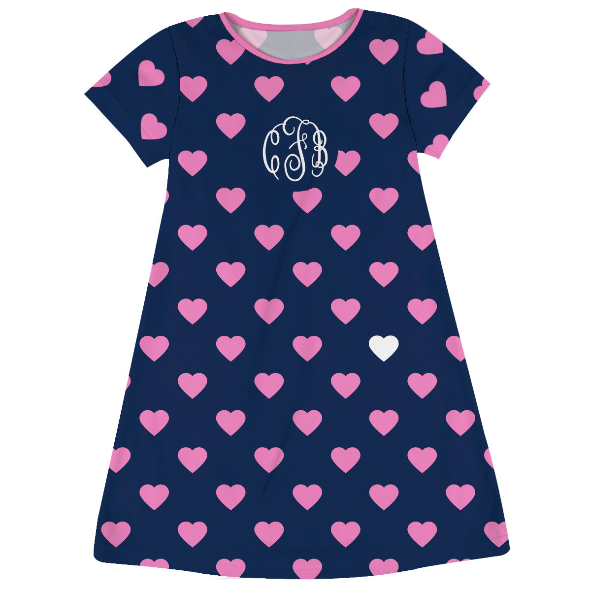 Hearts Print Personalized Monogram Navy Short Sleeve A Line Dress