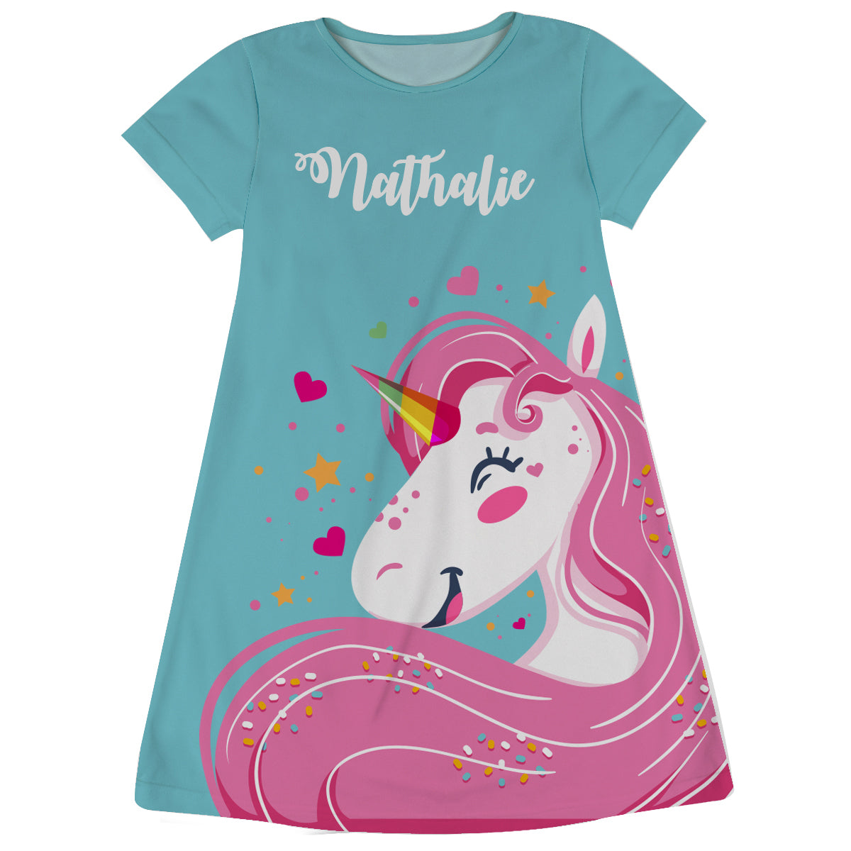 Unicorn Personalized Name Light Blue Short Sleeve A Line Dress