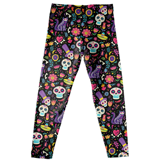 Sugar Skull and Floral Print Black Leggings