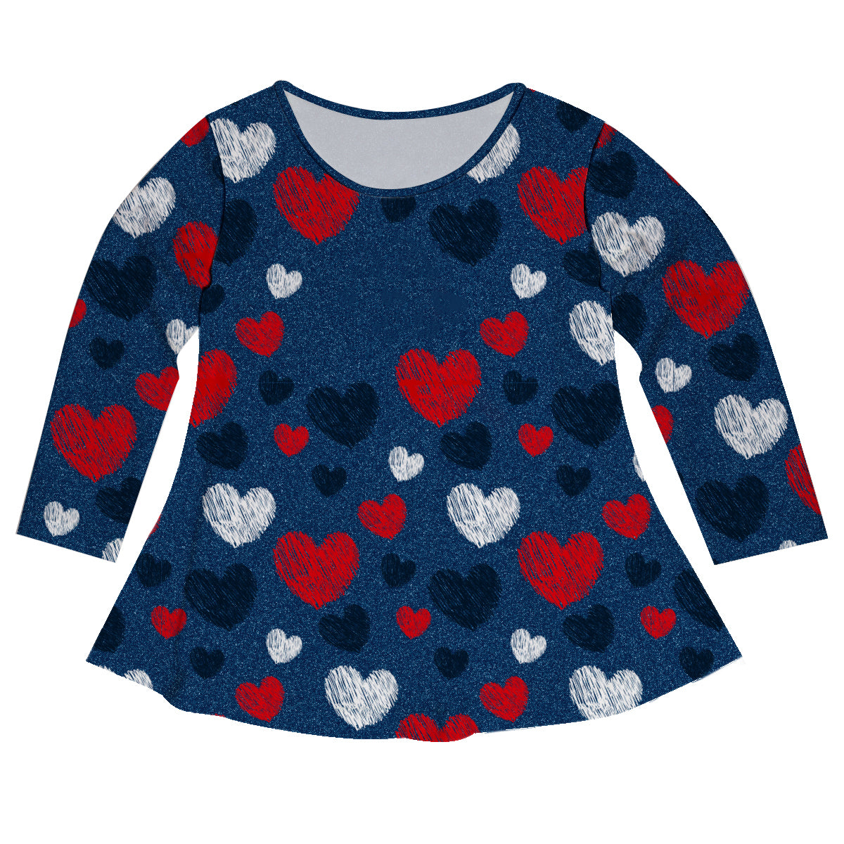 Hearts Print Monogram Navy Denim Long Sleeve Laurie Top - Wimziy&Co.