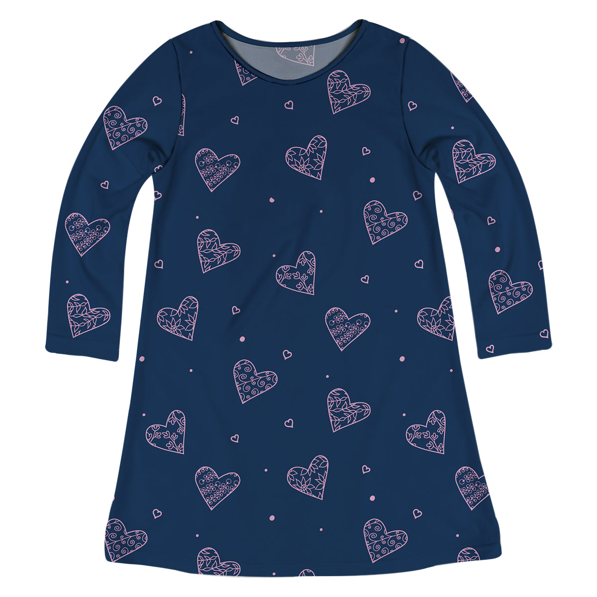 Hearts Print Monogram Navy Long Sleeve  A Line Dress - Wimziy&Co.