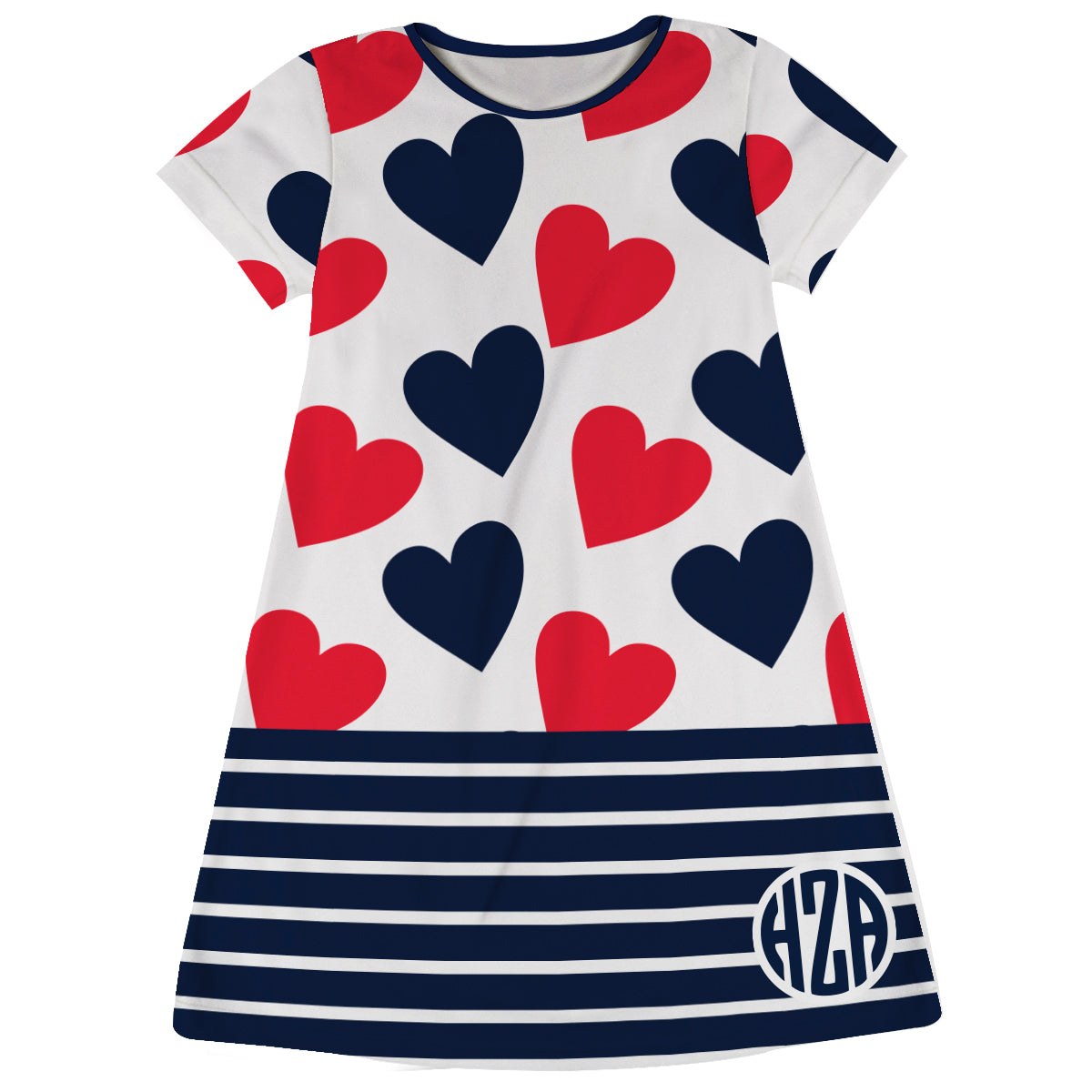 Hearts Print Personalized Monogram White and Navy Short Sleeve A Line Dress - Wimziy&Co.