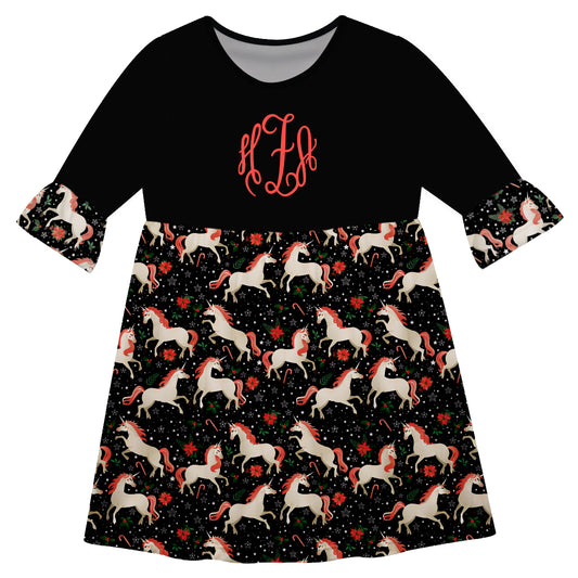 Christmas Unicorn Print Personalized Monogram Black Amy Dress 3/4 Sleeve