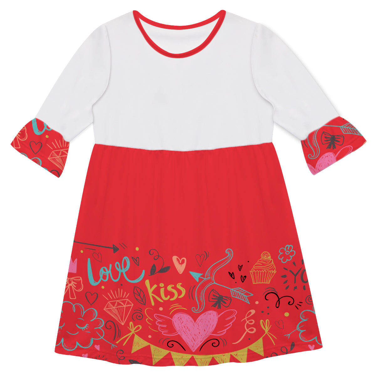 Love Kiss Name White and Red Amy Dress Three Quarter Sleeve - Wimziy&Co.