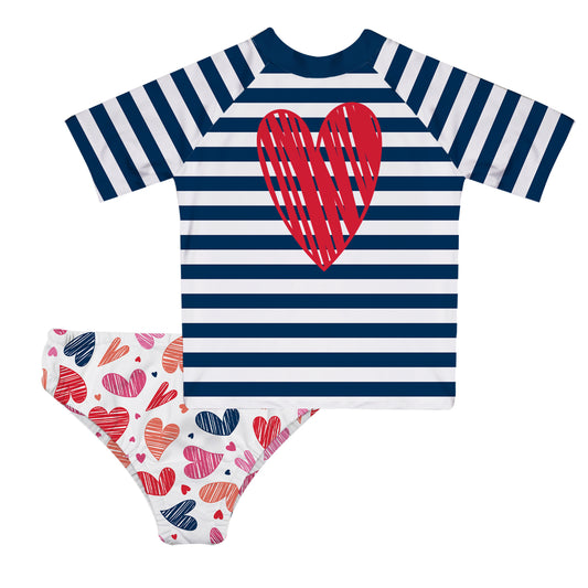 Hearts White and Navy Stripes 2pc Short Sleeve Rash Guard