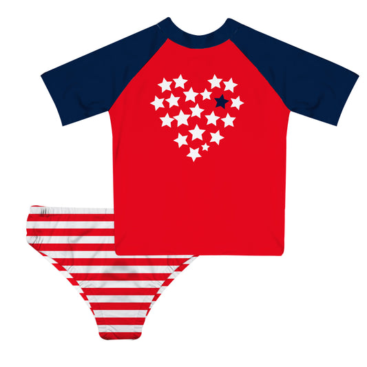 Heart Stars Red and Navy 2pc Short Sleeve Rash Guard