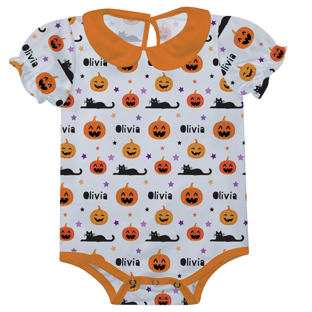 Girls white and orange jack o lantern onesie with name - Wimziy&Co.