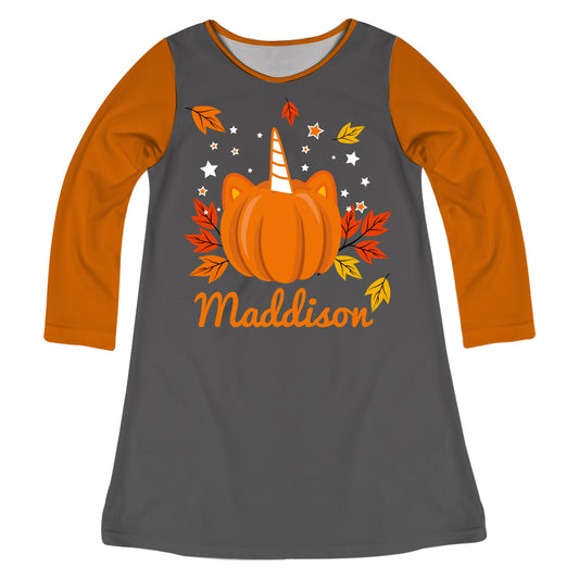 Girls gray and orange pumpkin unicorn dress with name - Wimziy&Co.