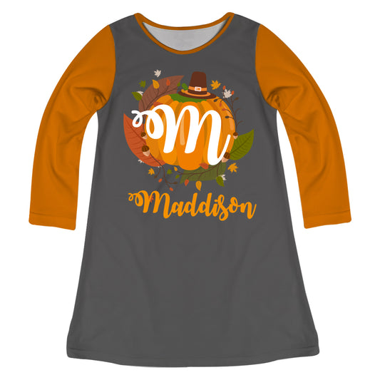 Girls gray and orange pumpkin dress with name and initial - Wimziy&Co.