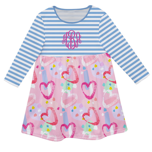 Hearts Monogram Pink And Light Blue Stripes Long Sleeve Epic Dress - Wimziy&Co.