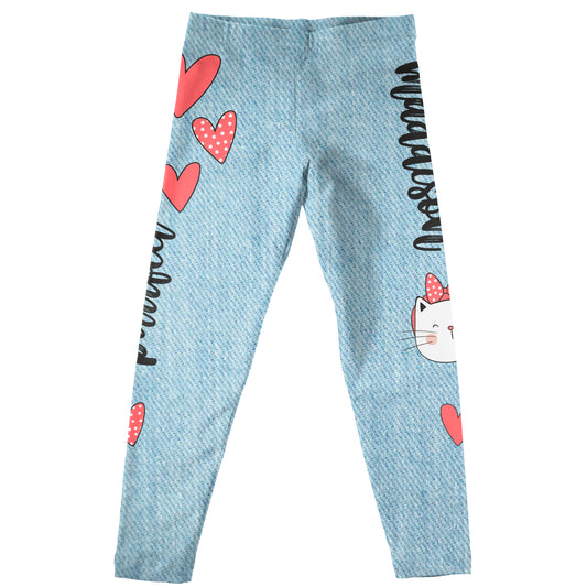 Cat And Hearts Name Light Blue Denim Leggings - Wimziy&Co.