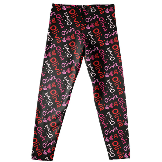 Hearts Print Name Black Leggings - Wimziy&Co.